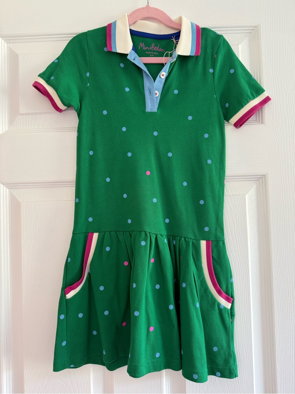 Mini Boden Green Polo-Dot Dress with Blue and Pink Accents